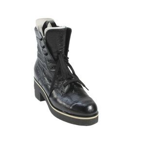 Chanel Womens Patent Leather Side Zip Combat Boots Black Size 6.5